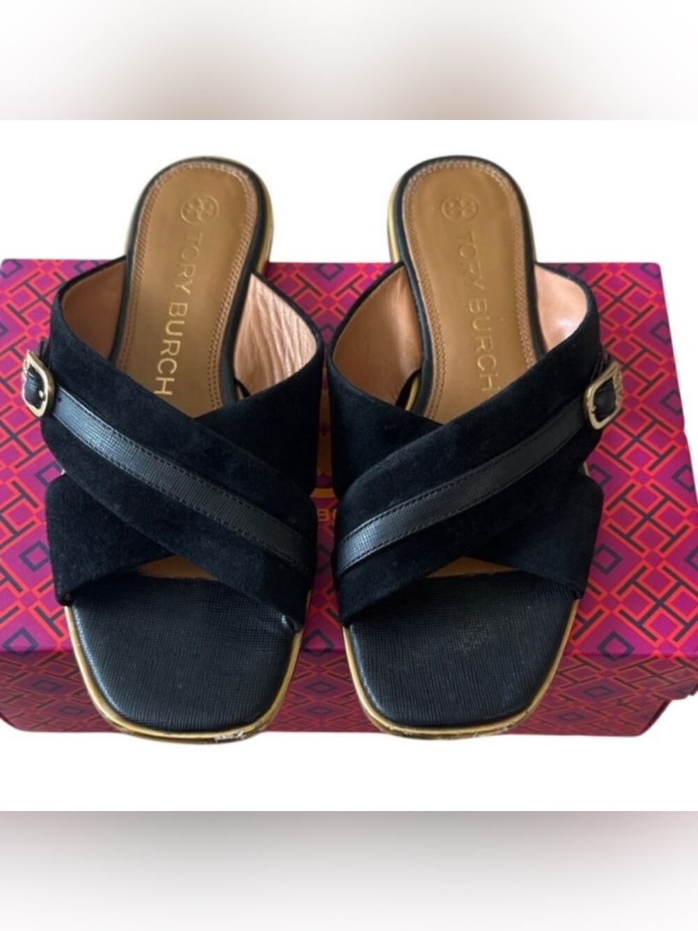 Tory Burch Delaney 5mm Sandals Perfect Black Suede Leather 8